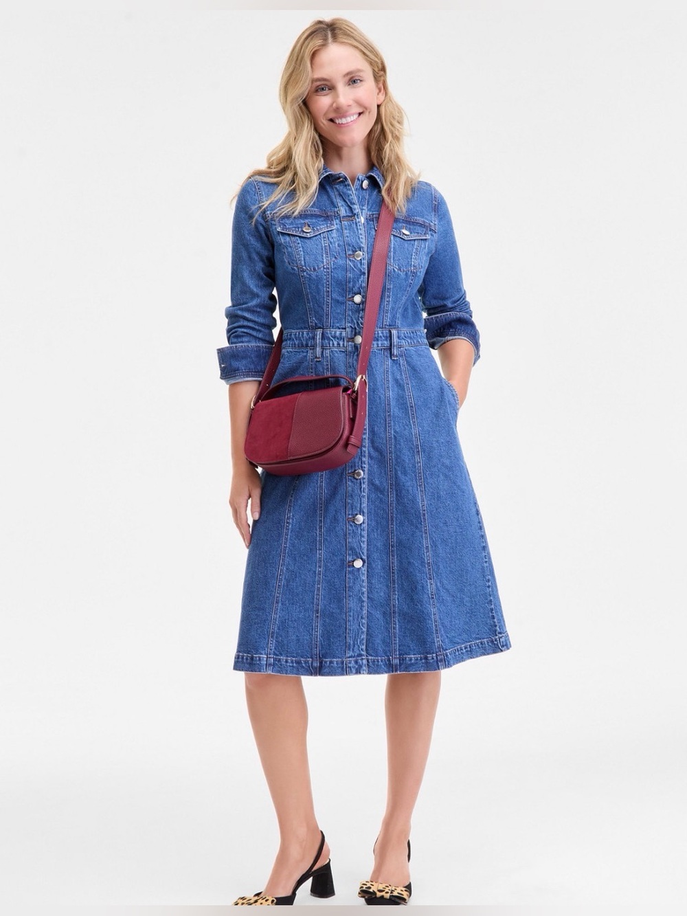 ON 34th Denim Midi Shirt Dress M Dark Wash Button Front Cotton Stretch NWT $120
